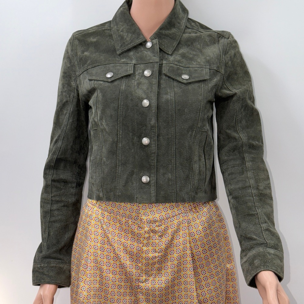 Blank NYC Small Olive Green Suede Leather Trucker Jacket Western Boho Gorpcore